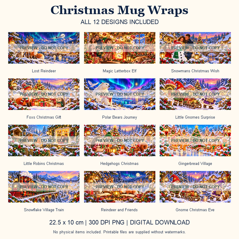 Christmas Mug Wraps - All 12 Designs - watermarked digital design preview
