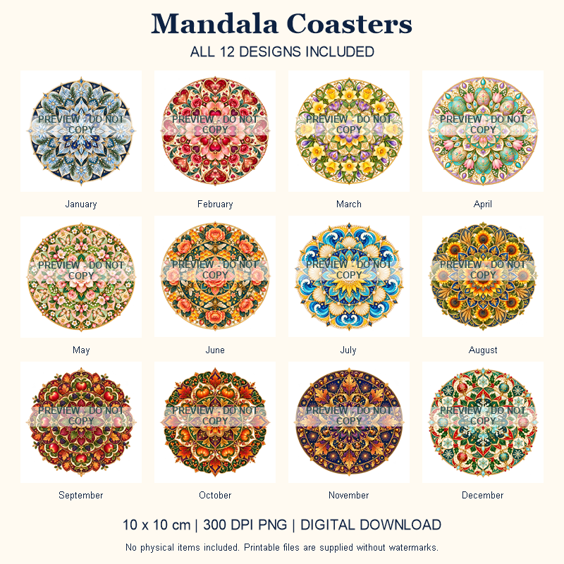 Mandala Coasters - All 12 Designs - watermarked digital design preview