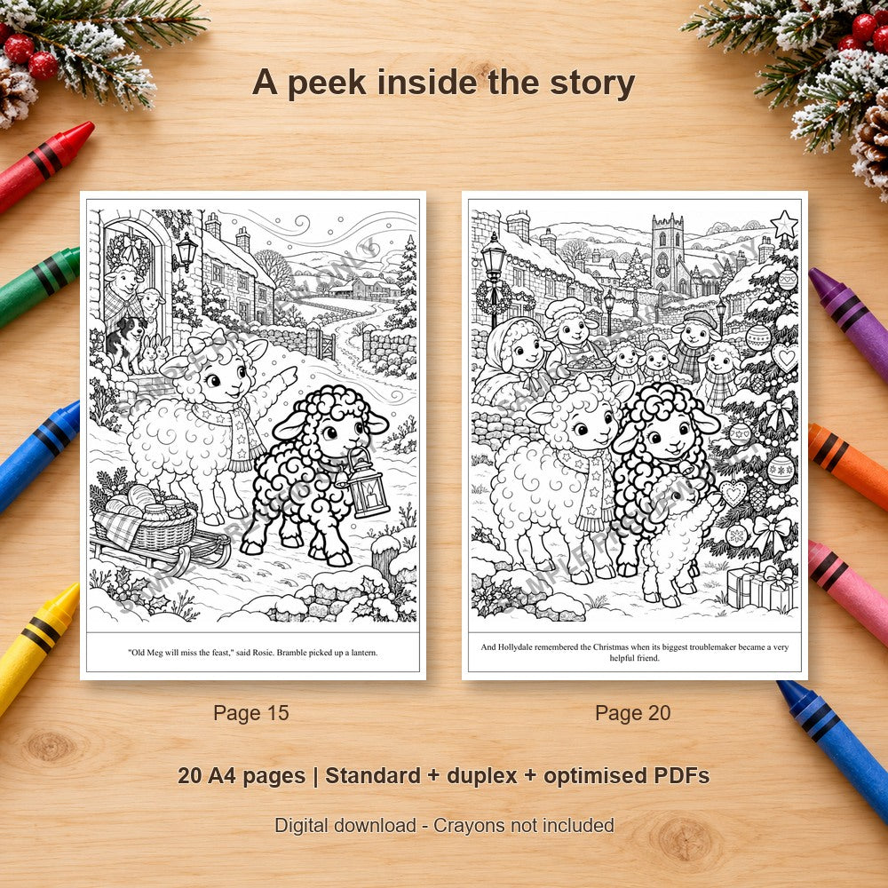The Black Sheep of Hollydale - sample colouring pages on a wooden table with crayons - SAMPLE PREVIEW ONLY