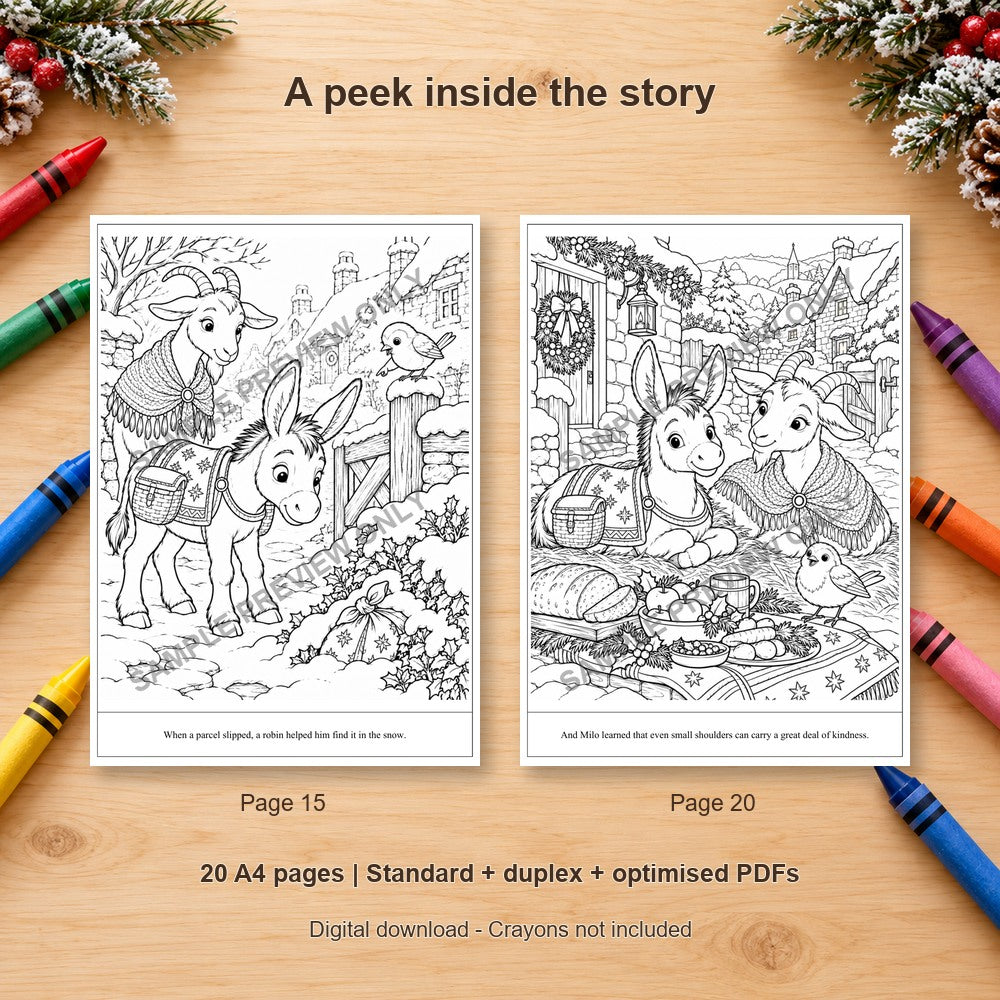 The Little Donkey Who Carried Christmas - sample colouring pages on a wooden table with crayons - SAMPLE PREVIEW ONLY