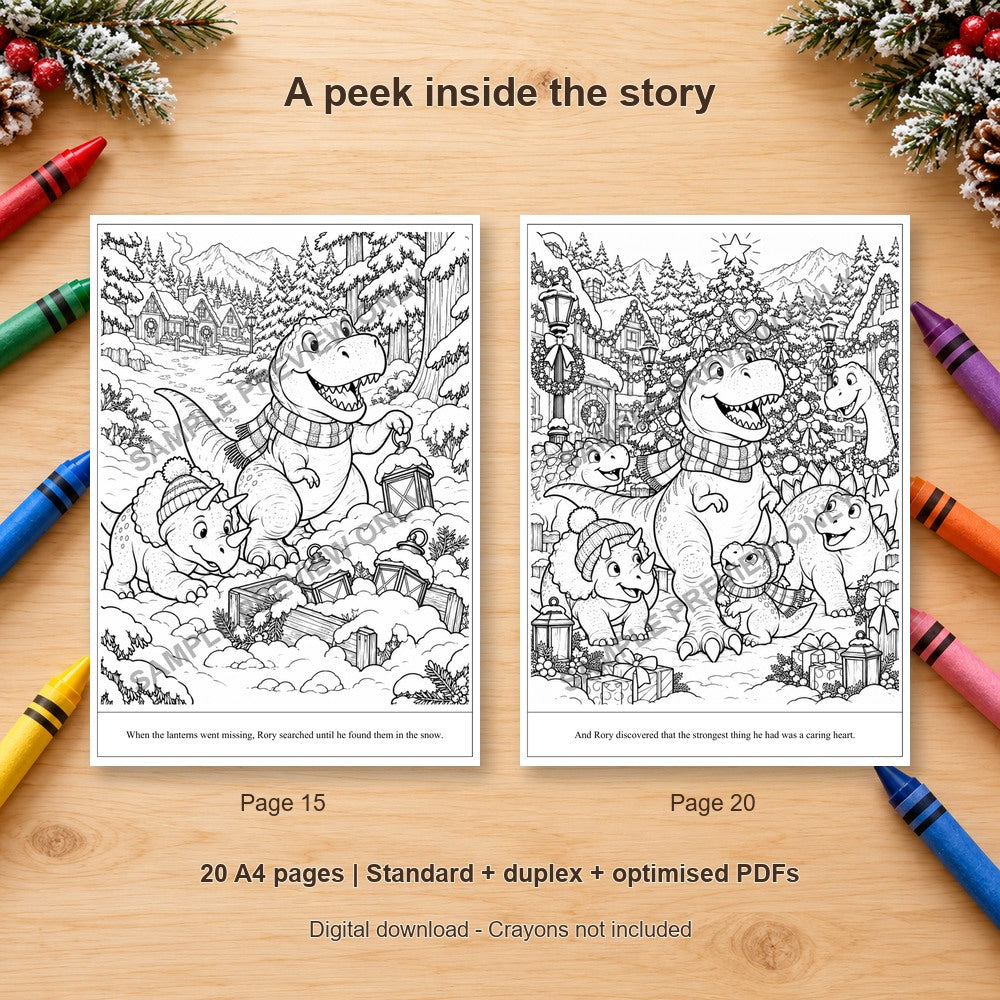 The T-Rex Who Found His Christmas Heart - sample colouring pages on a wooden table with crayons - SAMPLE PREVIEW ONLY