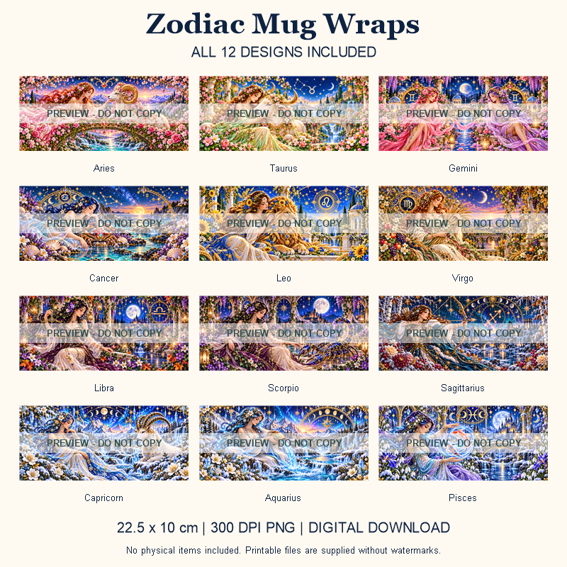 Zodiac Mug Wraps - All 12 Designs - watermarked digital design preview