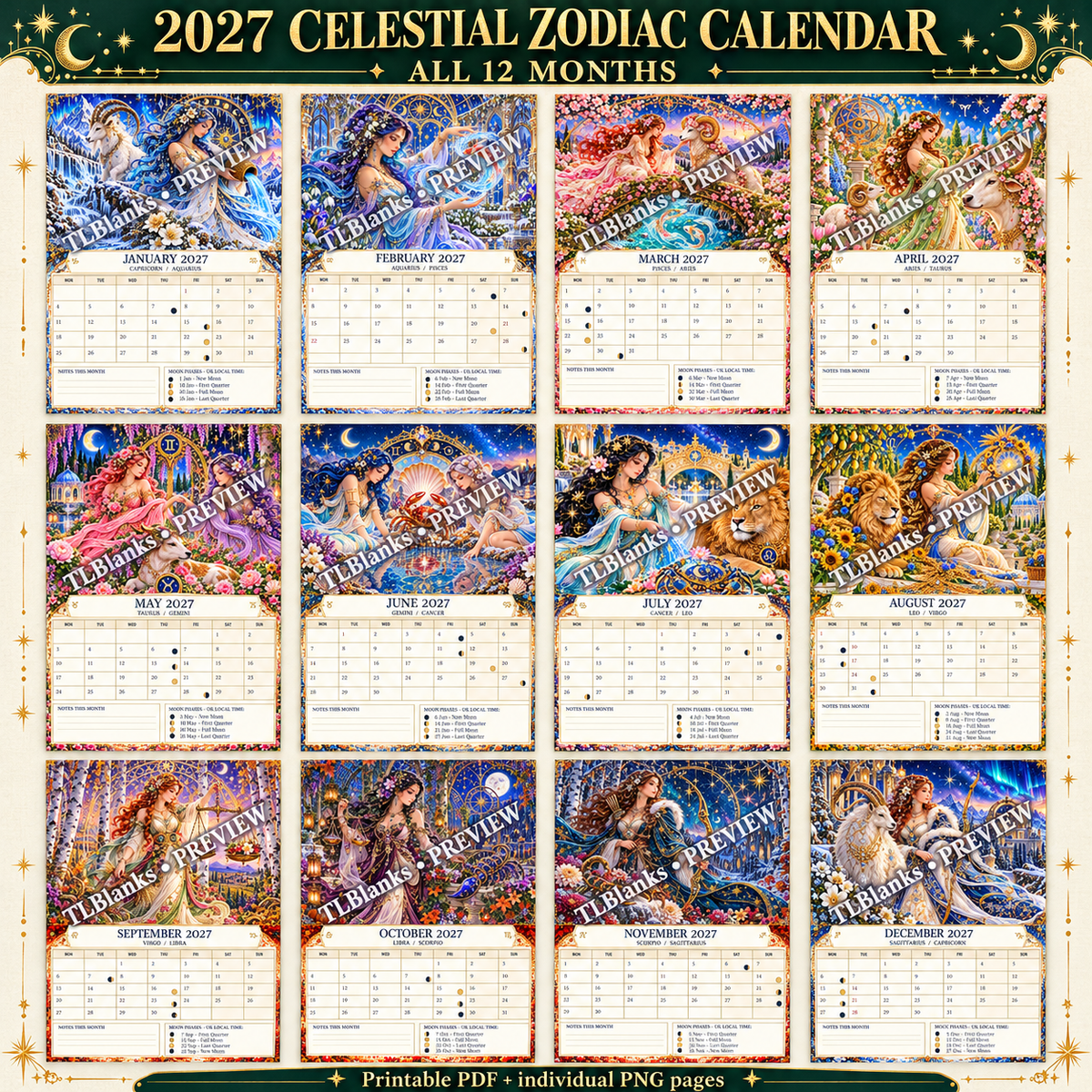 All twelve monthly Zodiac calendar pages