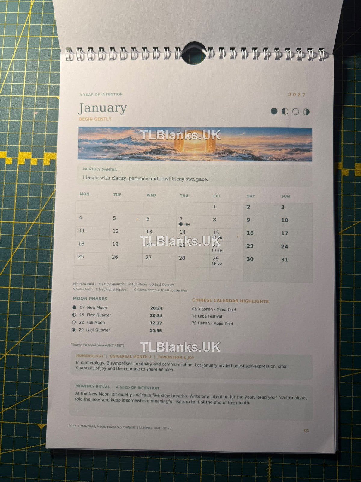 January 2027 mantra and moon-phase calendar page