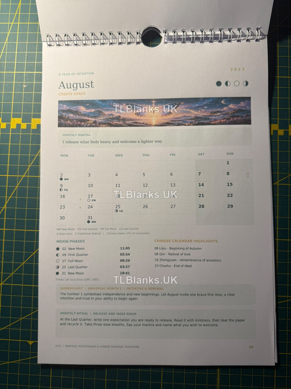 August 2027 mantra and lunar calendar page