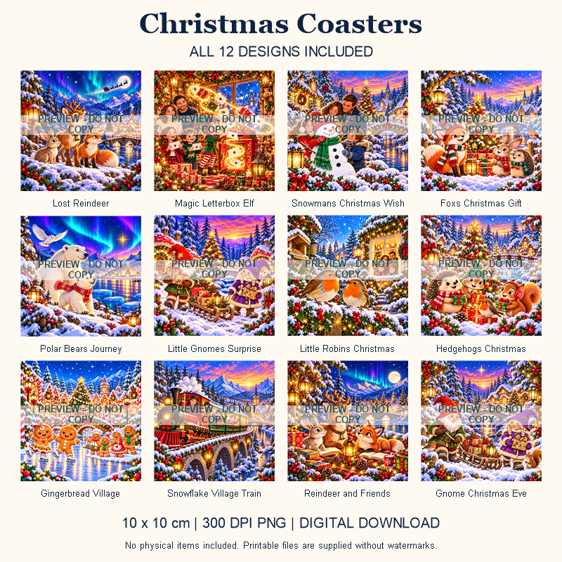 Christmas Coasters - All 12 Designs - watermarked digital design preview
