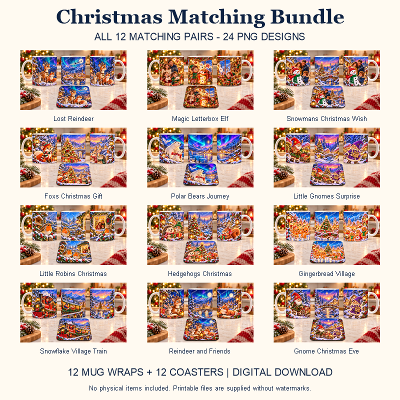 Christmas matching mug wrap and coaster bundle - All 12 Designs - watermarked digital design preview