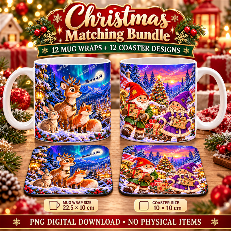 Christmas matching mug wrap and coaster bundle - Presentation - watermarked digital design preview
