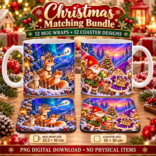 Christmas matching mug wrap and coaster bundle - Presentation - watermarked digital design preview