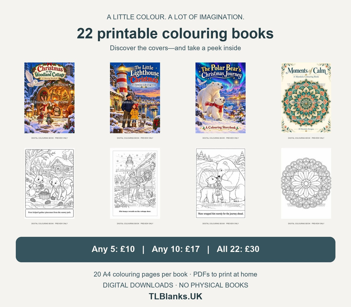 Actual colouring book covers and matching sample pages - watermarked previews