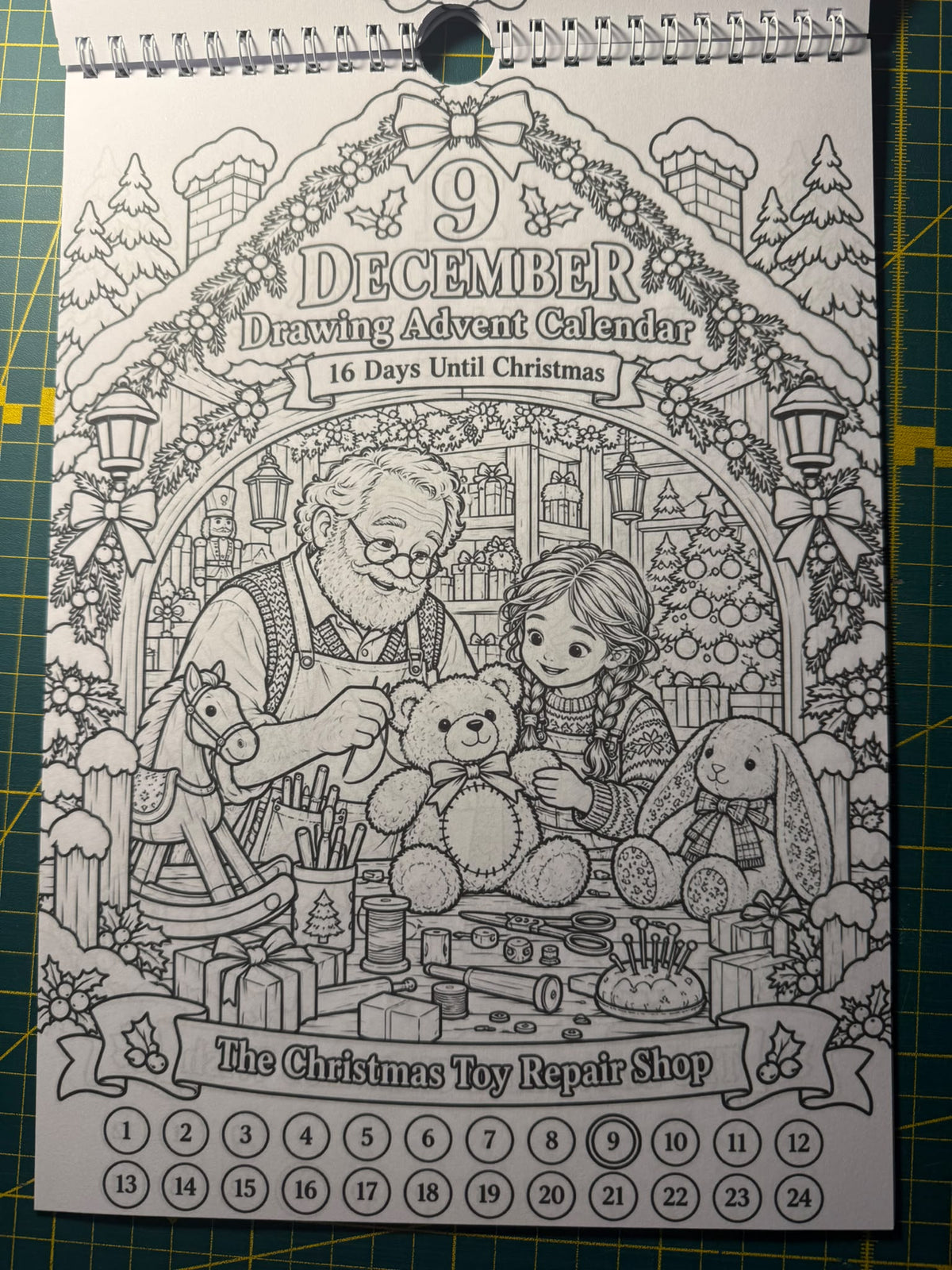 Printed 9 December Christmas Toy Repair Shop colouring page