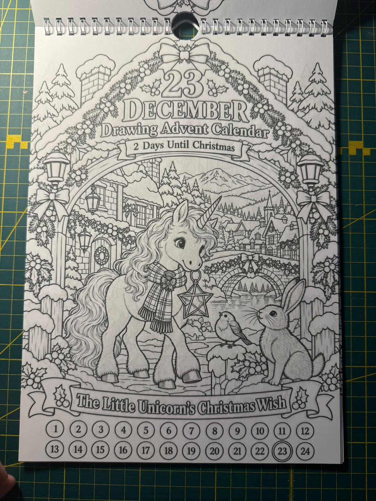Printed 23 December unicorn colouring page