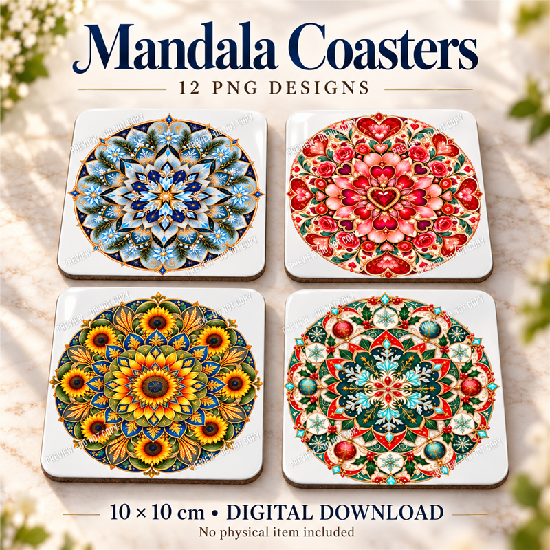 Mandala Coasters - Presentation - watermarked digital design preview