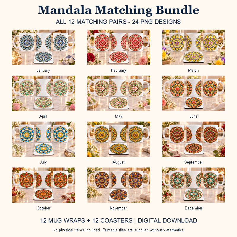 Mandala matching mug wrap and coaster bundle - All 12 Designs - watermarked digital design preview