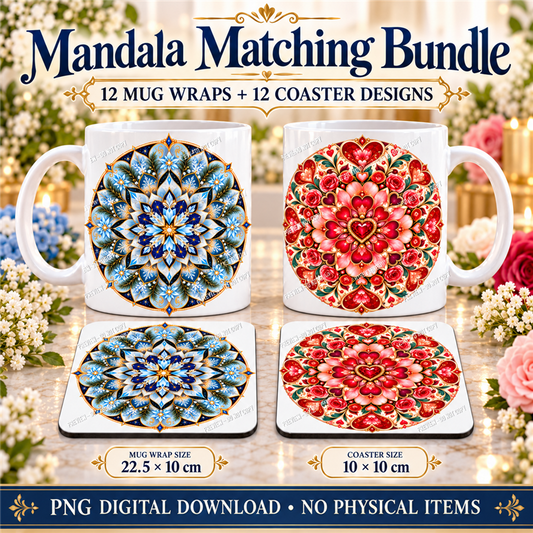 Mandala matching mug wrap and coaster bundle - Presentation - watermarked digital design preview
