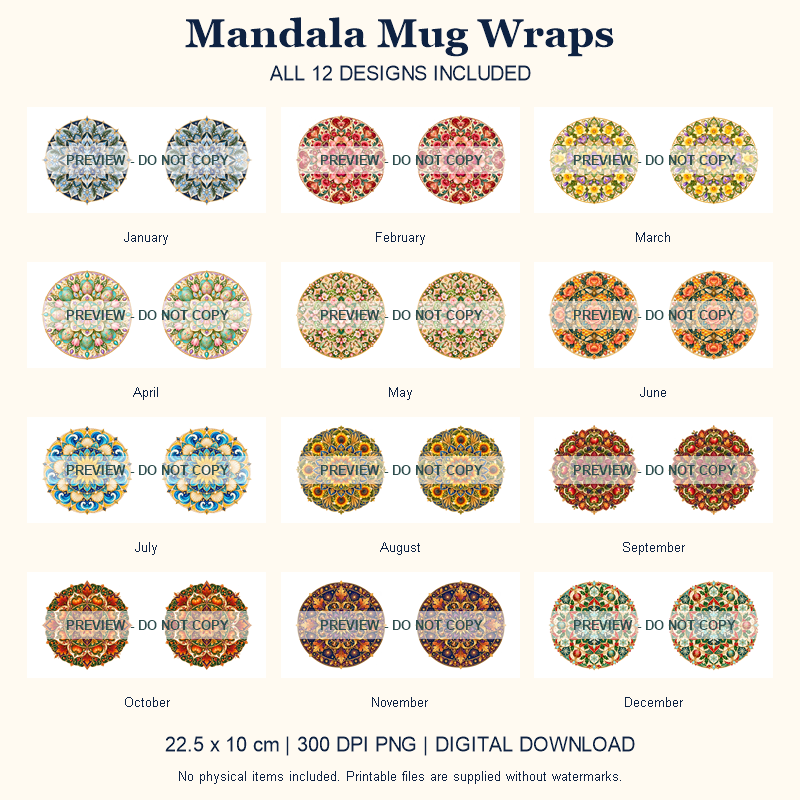 Mandala Mug Wraps - All 12 Designs - watermarked digital design preview