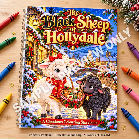 The Black Sheep of Hollydale - spiral-bound book presentation on a wooden table with crayons - SAMPLE PREVIEW ONLY