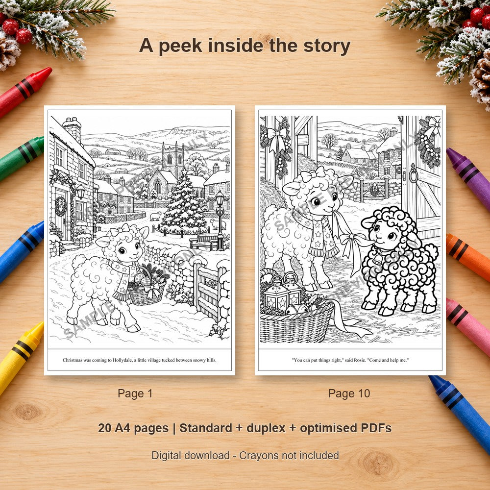 The Black Sheep of Hollydale - sample colouring pages on a wooden table with crayons - SAMPLE PREVIEW ONLY