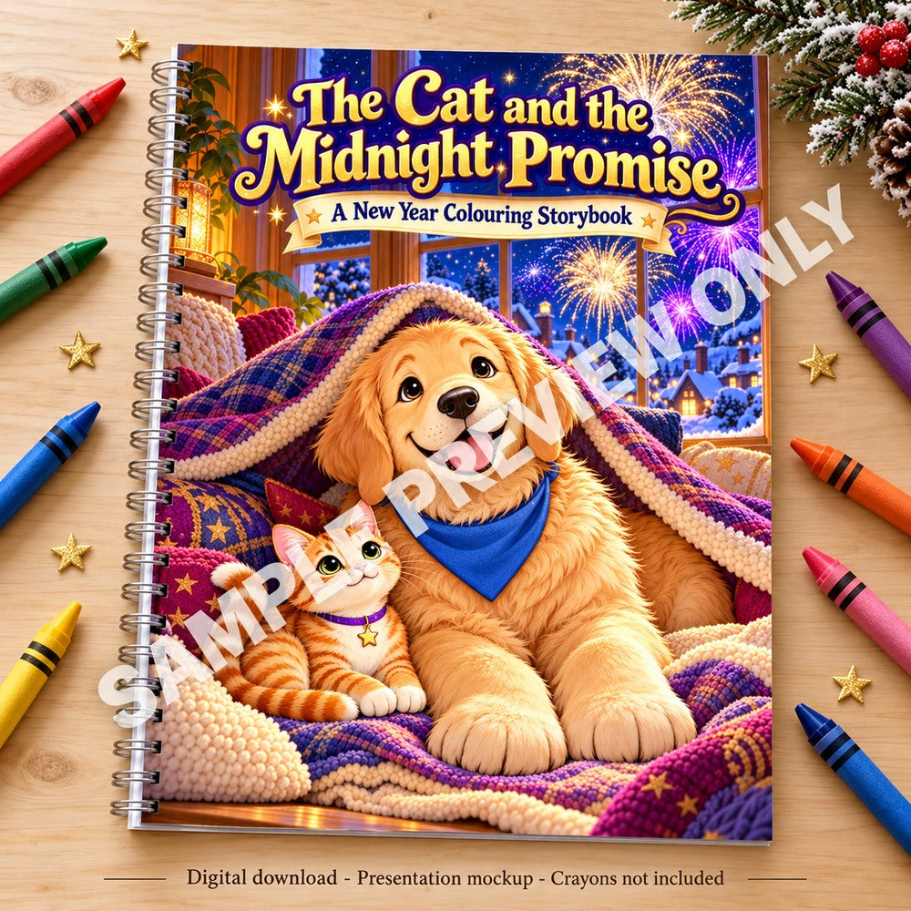 The Cat and the Midnight Promise - spiral-bound book presentation on a wooden table with crayons - SAMPLE PREVIEW ONLY