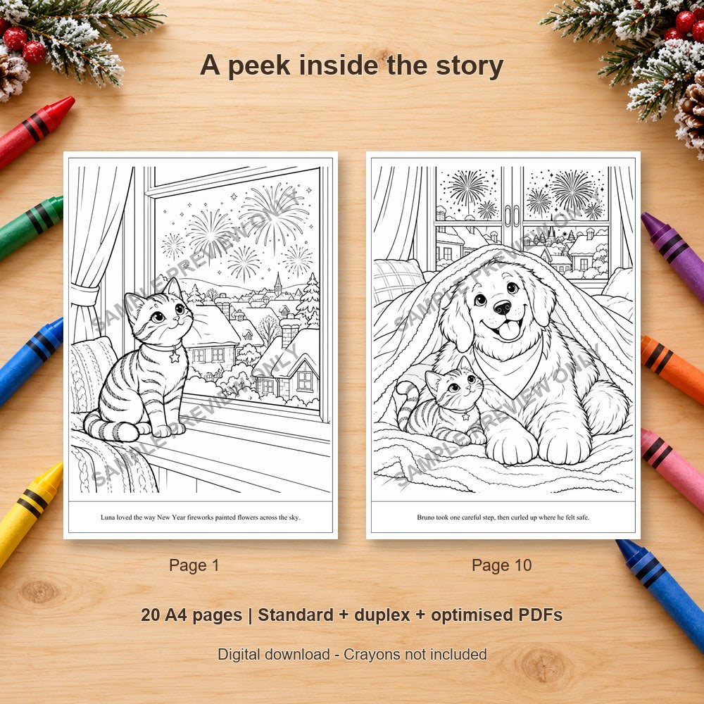 The Cat and the Midnight Promise - sample colouring pages on a wooden table with crayons - SAMPLE PREVIEW ONLY