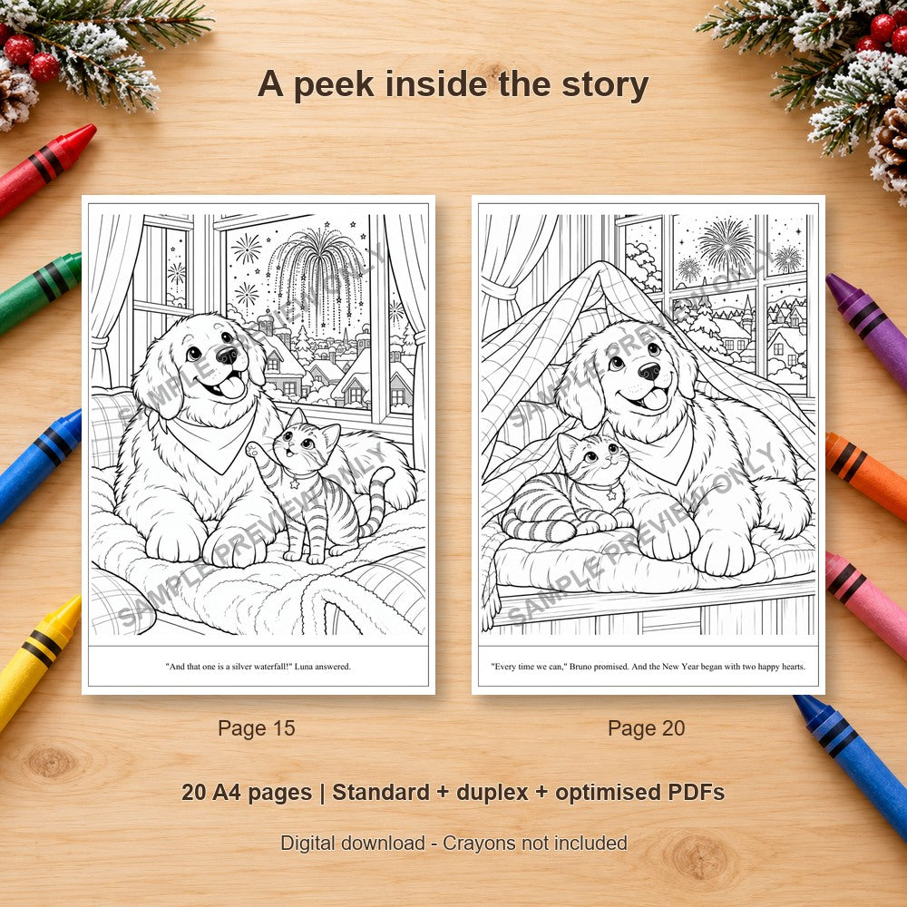 The Cat and the Midnight Promise - sample colouring pages on a wooden table with crayons - SAMPLE PREVIEW ONLY