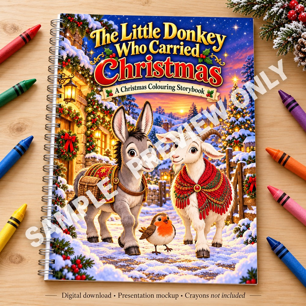 The Little Donkey Who Carried Christmas - spiral-bound book presentation on a wooden table with crayons - SAMPLE PREVIEW ONLY
