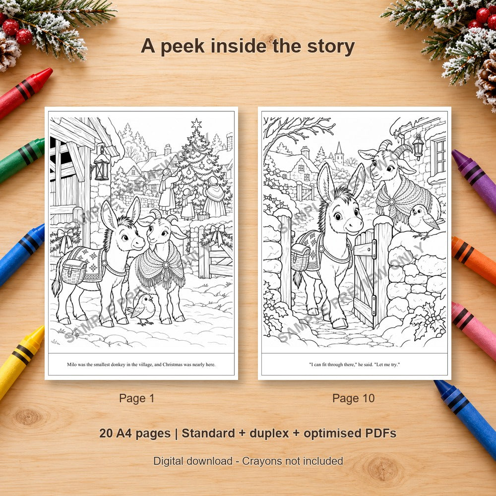 The Little Donkey Who Carried Christmas - sample colouring pages on a wooden table with crayons - SAMPLE PREVIEW ONLY