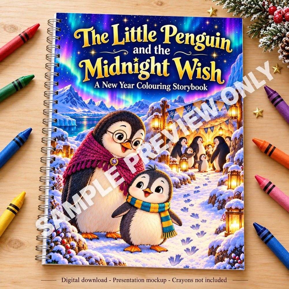 The Little Penguin and the Midnight Wish - spiral-bound book presentation on a wooden table with crayons - SAMPLE PREVIEW ONLY
