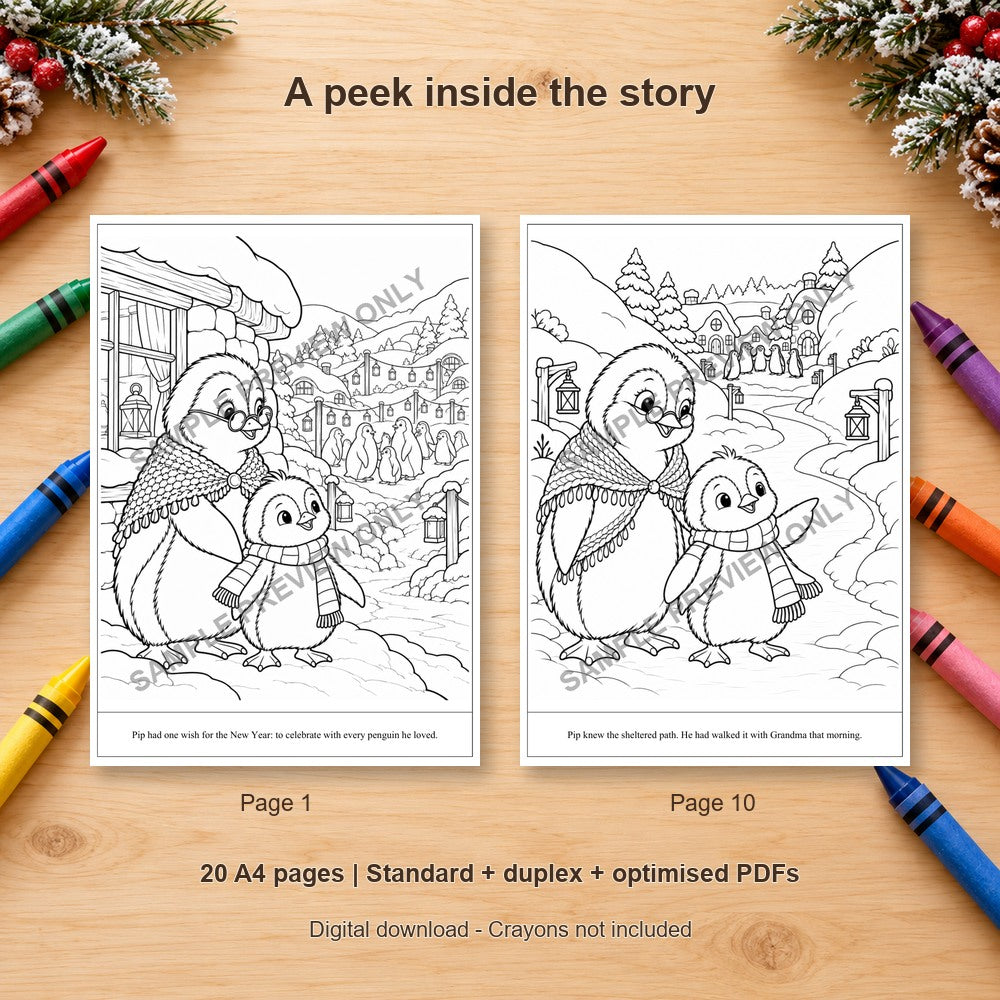 The Little Penguin and the Midnight Wish - sample colouring pages on a wooden table with crayons - SAMPLE PREVIEW ONLY