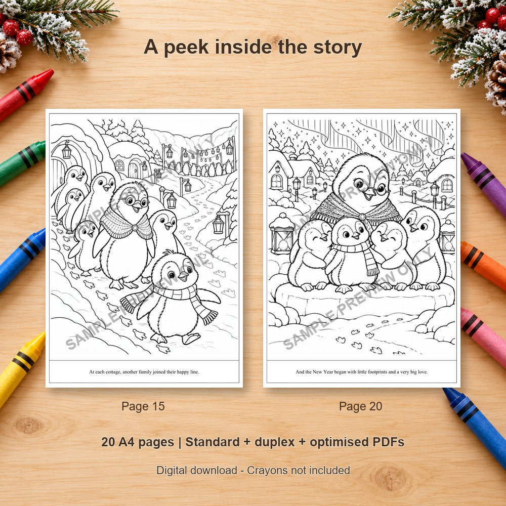 The Little Penguin and the Midnight Wish - sample colouring pages on a wooden table with crayons - SAMPLE PREVIEW ONLY