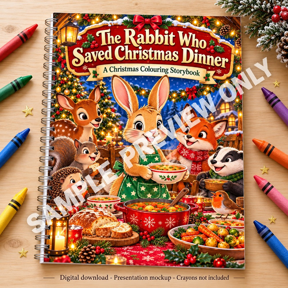 The Rabbit Who Saved Christmas Dinner - spiral-bound book presentation on a wooden table with crayons - SAMPLE PREVIEW ONLY