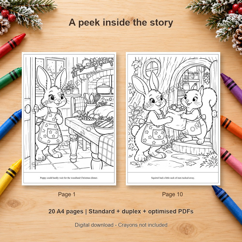 The Rabbit Who Saved Christmas Dinner - sample colouring pages on a wooden table with crayons - SAMPLE PREVIEW ONLY