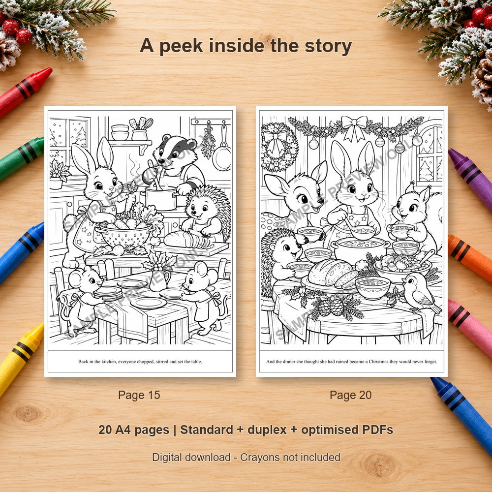 The Rabbit Who Saved Christmas Dinner - sample colouring pages on a wooden table with crayons - SAMPLE PREVIEW ONLY