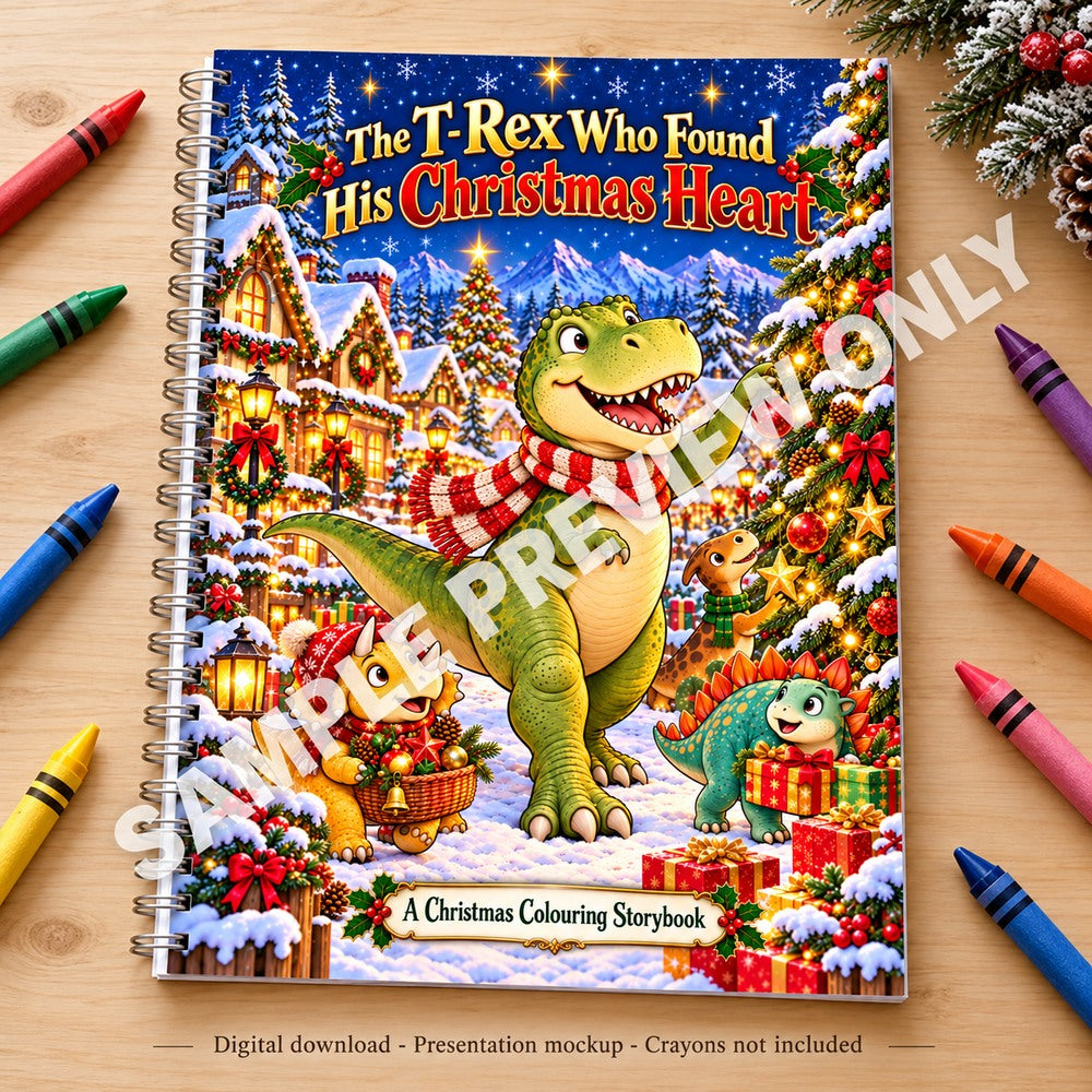 The T-Rex Who Found His Christmas Heart - spiral-bound book presentation on a wooden table with crayons - SAMPLE PREVIEW ONLY