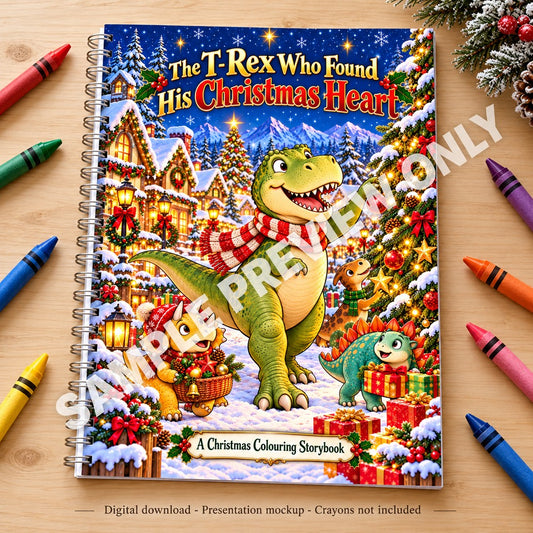 The T-Rex Who Found His Christmas Heart - spiral-bound book presentation on a wooden table with crayons - SAMPLE PREVIEW ONLY