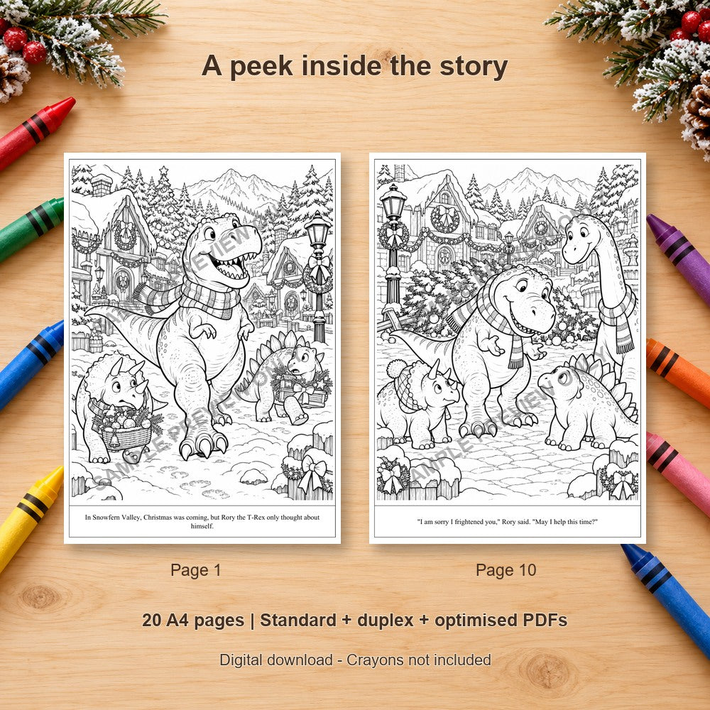 The T-Rex Who Found His Christmas Heart - sample colouring pages on a wooden table with crayons - SAMPLE PREVIEW ONLY