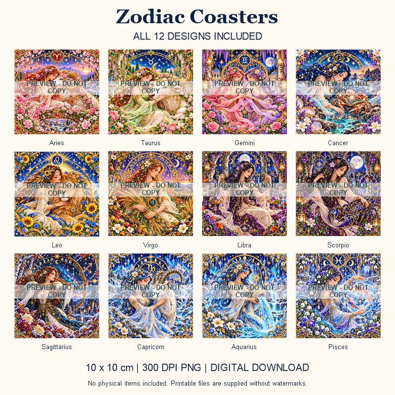 Zodiac Coasters - All 12 Designs - watermarked digital design preview