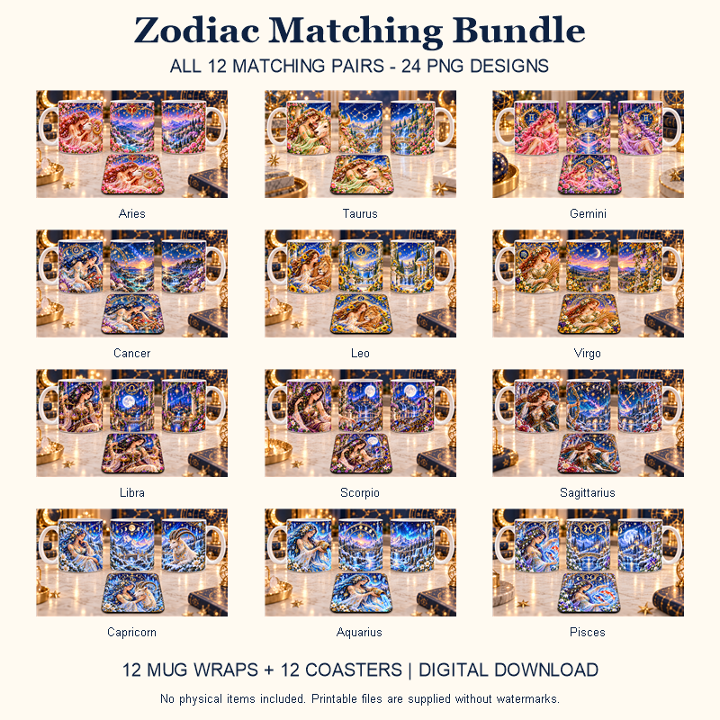 Zodiac matching mug wrap and coaster bundle - All 12 Designs - watermarked digital design preview