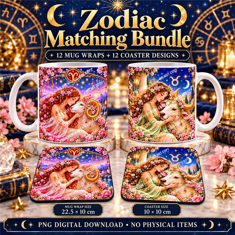 Zodiac matching mug wrap and coaster bundle - Presentation - watermarked digital design preview