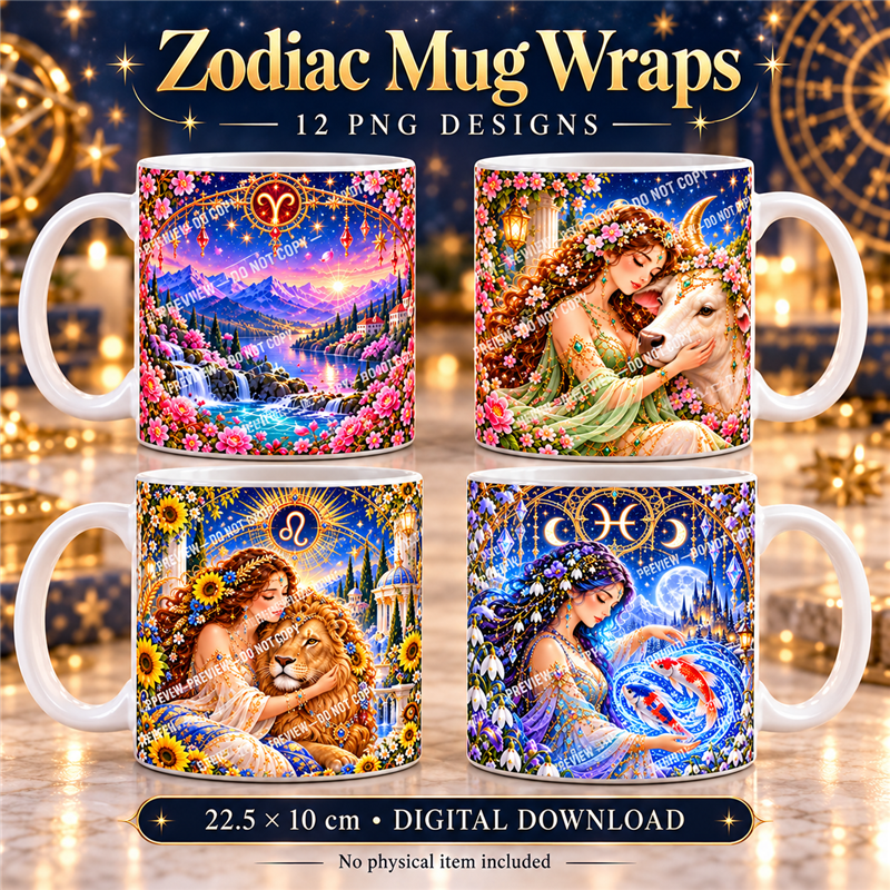 Zodiac Mug Wraps - Presentation - watermarked digital design preview